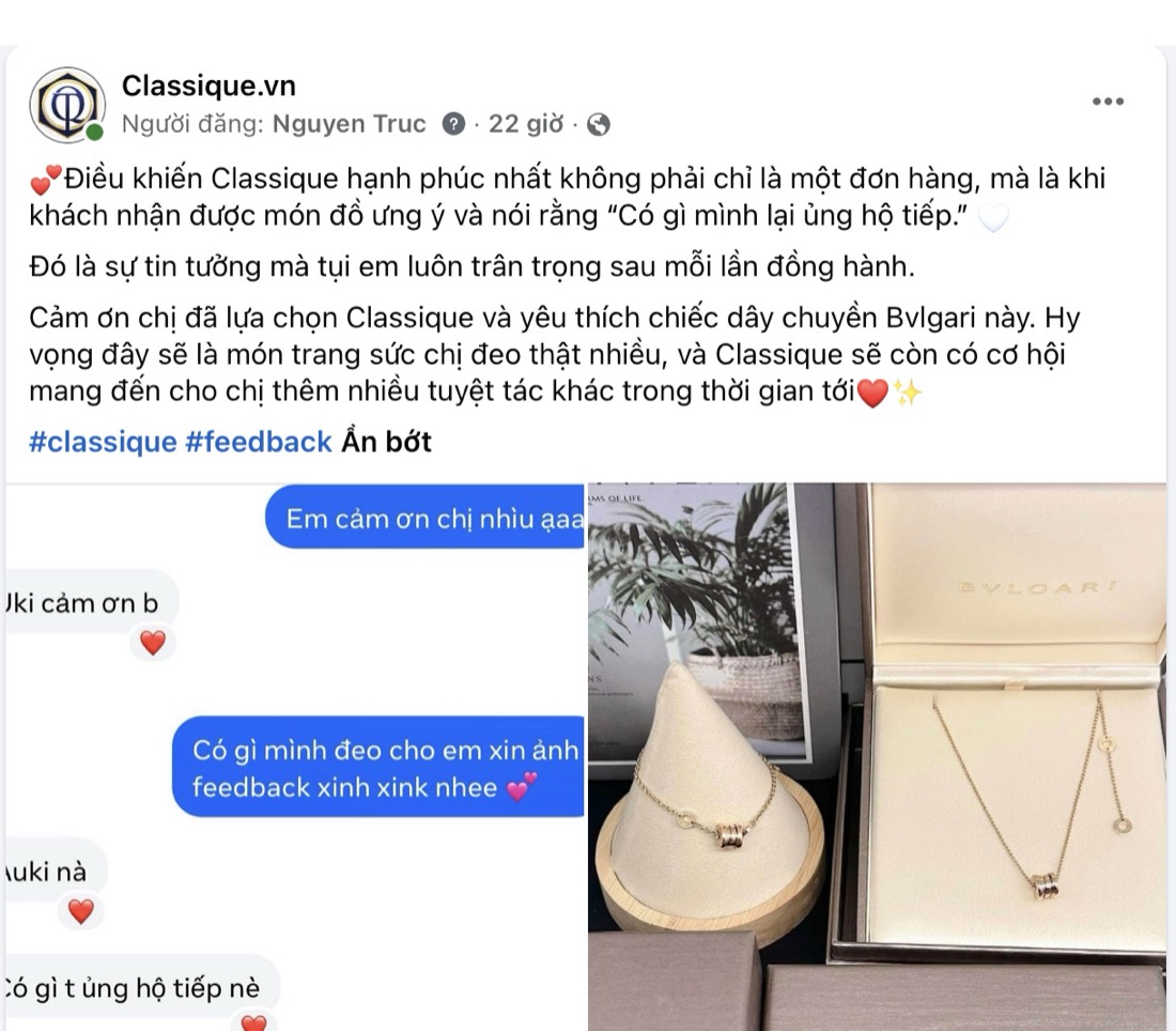 Phản hồi của khách về dây chuyền Bvlgari mua tại Classique