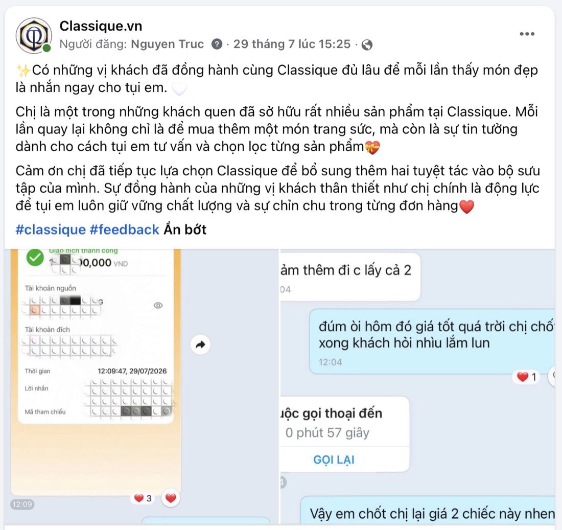 Phản hồi của khách quen mua nhiều món tại Classique